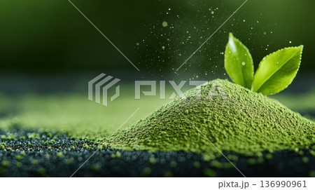 Matcha Green Tea Powder in Serene Nature Setting for Commercial Poster Design 136990961