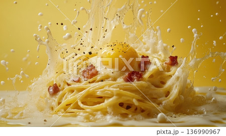 Spaghetti Carbonara Dish with Creamy Sauce Bacon and Egg Splash Spaghetti Carbonara Dish with Creamy Sauce Bacon and Egg Splash 136990967
