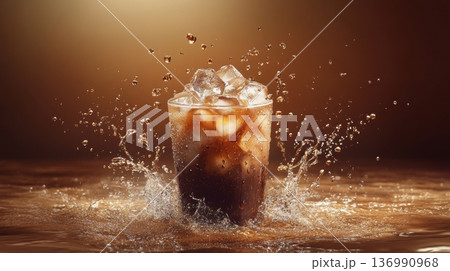 Splashing Iced Cola Drink in Glass with Refreshing Bubbles and Droplets Splashing Iced Cola Drink in Glass with Refreshing Bubbles and Droplets 136990968