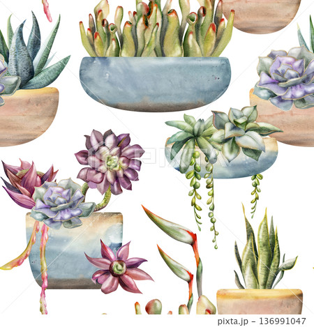Seamless watercolor tiles of succulents, draping vine foliage in ceramic glazed pots and cachepot, hanging desert gardens. Isolated illustration hand drawn for creative backgrounds, pattern libraries. 136991047