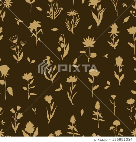 Golden wildflower silhouettes dark seamless pattern Golden wildflower silhouettes dark seamless pattern 136991054