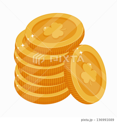Stack of shiny gold coin with clover emblem. Symbol of good luck, prosperity, and wealth for St. Patricks Day celebration. Graphic design element. 136991089