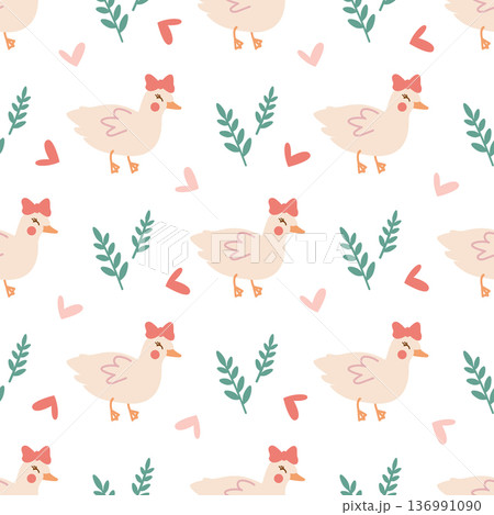 Cute seamless pattern of a pink duck with a bow and hearts for baby fabric design. Charming illustrations of spring animals for Easter cards, childrens textiles, and wallpapers. 136991090