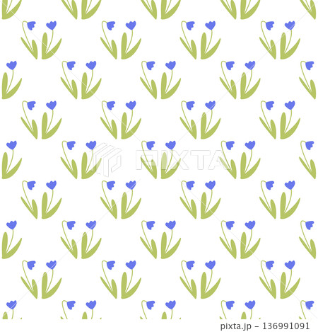 Seamless pattern of blue spring flowers bells. Floral graphic design for textiles, wallpaper, and wrapping paper for Easter and Womens Day. 136991091