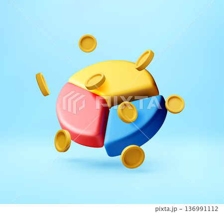 3d Blue, red, and yellow pie chart with gold coins 3d Blue, red, and yellow pie chart with gold coins 136991112