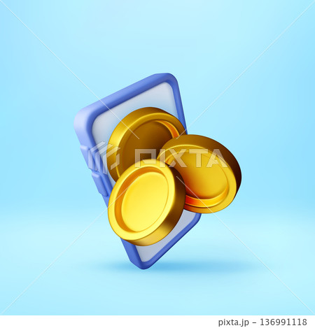 3d Gold coins emerging from smartphone 136991118