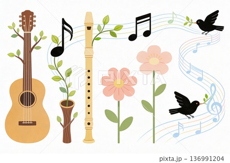 Whimsical spring composition featuring an acoustic guitar and recorder amid blooming flowers 136991204