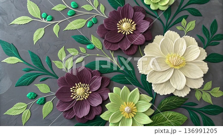 Elegant neutral floral impasto painting cream and warm beige petals 136991205