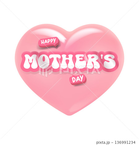 Happy Mothers Day 3D pink glossy heart illustration, romantic glass heart with greeting lettering isolated on white. Elegant 3D glossy pink heart Happy Mothers Day typography banner Happy Mothers Day 3D pink glossy heart illustration, romantic glass heart with greeting lettering isolated on white. Elegant 3D glossy pink heart Happy Mothers Day typography banner 136991234