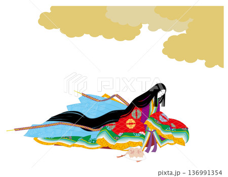 日本の伝統的な着物の正装の十二単衣の衣装。雲と平安女性。 136991354