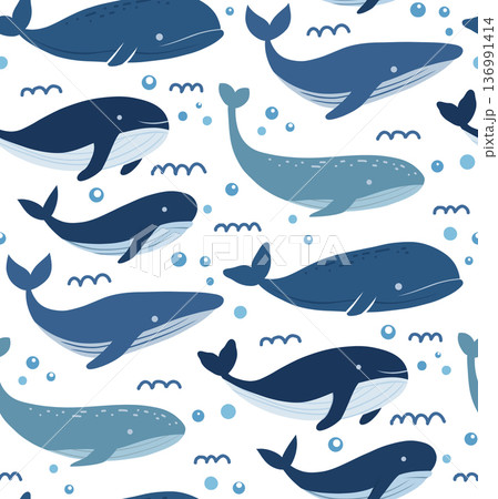 Vector childish seamless pattern with hand-drawn whales, waves and bubbles. Marine texture with fish Vector childish seamless pattern with hand-drawn whales, waves and bubbles. Marine texture with fish 136991414