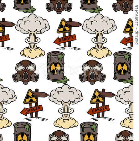 Vector Post-apocalyptic seamless pattern. Nuclear war texture. Background with protective mask, sign, chemical tank, nuclear explosion 136991416