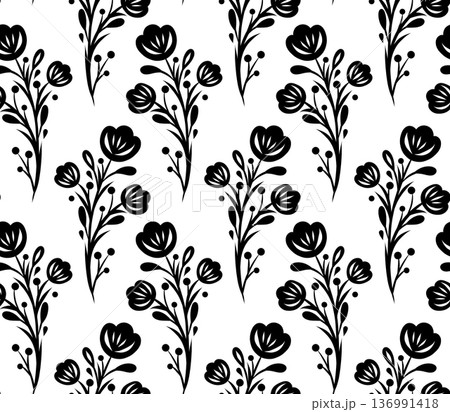 Seamless monochrome floral pattern in tracery folk art style. Vector surface design with black silhouette of flowers 136991418