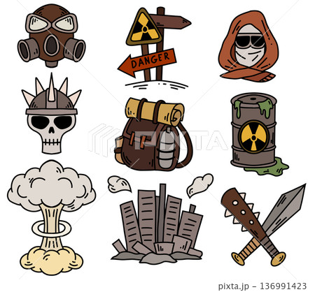 Vector set of Post-apocalyptic icons. Nuclear war collection. Protective mask, sign, city, chemical tank, nuclear explosion in cartoon style 136991423