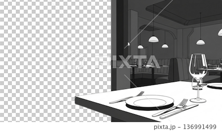 Restaurant table setting and booth seating interior background illustration 136991499