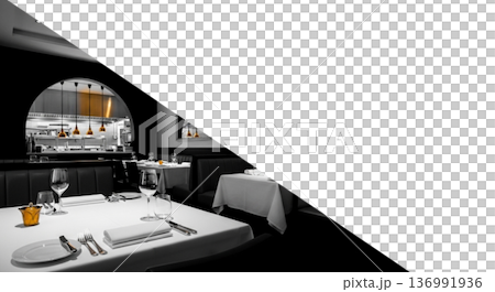 Restaurant interior dining table setting and open kitchen black and white interior 136991936