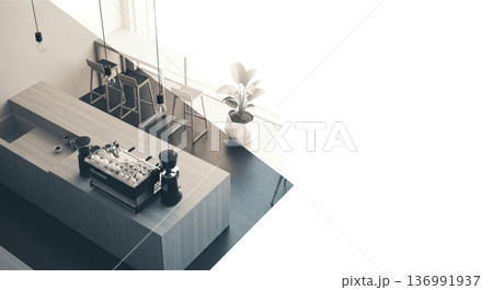 カフェカウンター内装インテリア エスプレッソマシンとバーカウンター イラスト素材 136991937