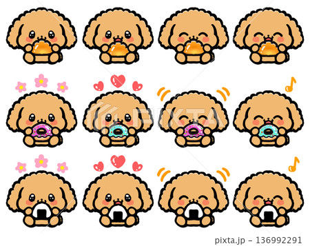 座ってごはんを食べるかわいいトイプードルの素材セット2 136992291
