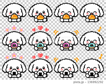 一組3隻可愛的玩具貴賓犬坐著吃飯 136992292