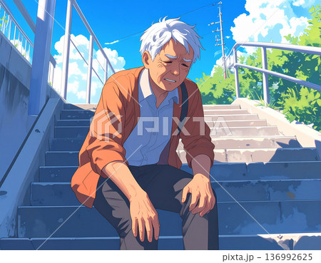 階段の登り降り、膝の痛みに耐える高齢者 136992625