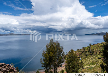 Scenic view of nature and terraced fields on Taquile Island, Peru 136992671