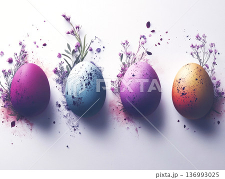 Row of colorful Easter eggs with flowers and splashes on white background Row of colorful Easter eggs with flowers and splashes on white background 136993025
