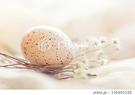 Close up Easter speckled egg resting on twigs with delicate white flowers nearby 136993188
