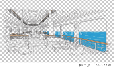 客輪渡輪內部休息室和海景窗的線條圖插圖 136993356