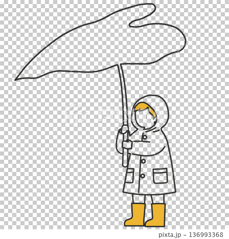 一幅用線條勾勒的兒童身穿雨衣，以樹葉為傘的圖畫。 136993368
