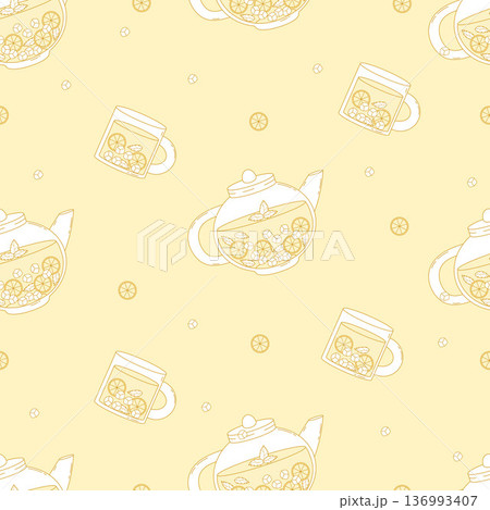 Homemade Citrus Lemonade Seamless Pattern. Refreshing Summer Drink with Glass Teapot and Mug with Lemon, Mint and Ice Cubes on Yellow Background. Vector Illustration Homemade Citrus Lemonade Seamless Pattern. Refreshing Summer Drink with Glass Teapot and Mug with Lemon, Mint and Ice Cubes on Yellow Background. Vector Illustration 136993407