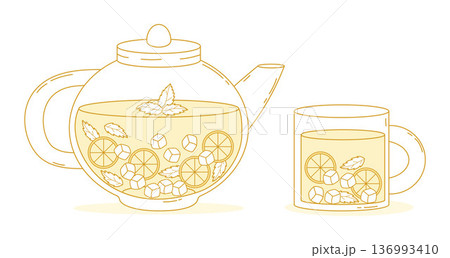 Homemade Citrus Lemonade Set. Glass Teapot and Mug. Isolated Fresh Summer Drink with Ice Cubes and Mint Leaves. Minimalistic Hand Drawings. Vector Illustration 136993410