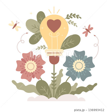 Heart Inside Lightbulb with Blooming Flowers and Butterflies. Creative Mind and Passionate Idea, Mental Health and Innovation. Vector Flat Illustration Heart Inside Lightbulb with Blooming Flowers and Butterflies. Creative Mind and Passionate Idea, Mental Health and Innovation. Vector Flat Illustration 136993412