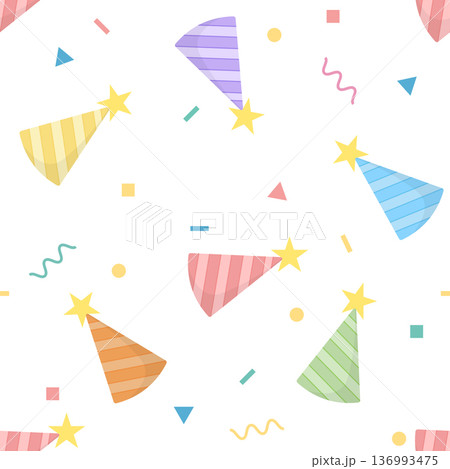 Colorful Party Hat and Confetti Seamless Pattern on White Background Colorful Party Hat and Confetti Seamless Pattern on White Background 136993475