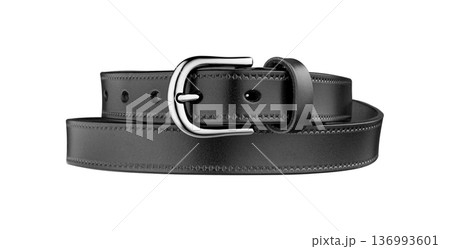 Close-Up of black Leather Belt with Metal Buckle 136993601