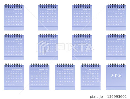 Purple desktop calendar template featuring clean grid layout, spiral-bound planner 2026 organization 136993602