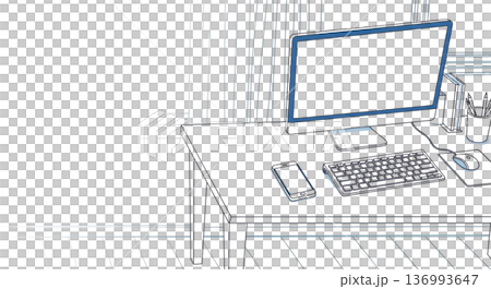 テレワークデスク環境 ワークスペースインテリア PCとスマートフォン 線画イラスト素材 136993647