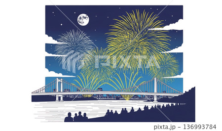 花火大会 橋と夜景 シルエットイラスト 夏祭り風景素材 136993784