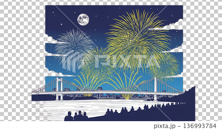 花火大会 橋と夜景 シルエットイラスト 夏祭り風景素材 136993784