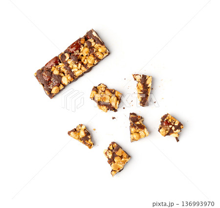 Nut Bar Isolated, Energy Snack with Nuts, Chocolate Muesli Dessert, Protein Candy Bar, Fitness Breakfast 136993970