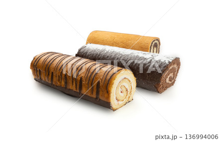 Swiss Rolls Set, Round Sponge Cakes Isolated, Rolled Vanilla Biscuit Set with Cocoa Cream, Poppy Seeds 136994006