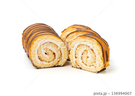 Swiss Roll, Round Sponge Cake Isolated, Sliced Rolled Vanilla Biscuit with Jam Filling 136994007
