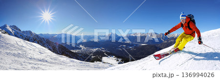 Panorama with Skier on the ski slope in Seefeld, Tyrol, Austria 136994026