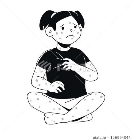 Girl with Chickenpox - Black and White Flat Design Illustration 136994044