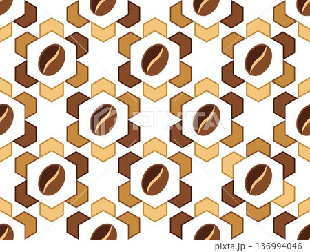 Seamless geometric pattern of coffee beans in hexagonal grid. Minimalist vector icons, flat design on transparent background. Perfect for food packaging, textile prints Seamless geometric pattern of coffee beans in hexagonal grid. Minimalist vector icons, flat design on transparent background. Perfect for food packaging, textile prints 136994046