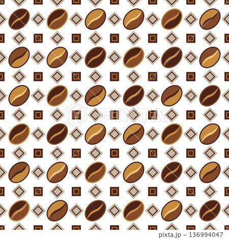 Seamless geometric pattern of coffee. Beans alternate with small squares. Minimalist flat design on transparent background. Suitable for food packaging, branding 136994047