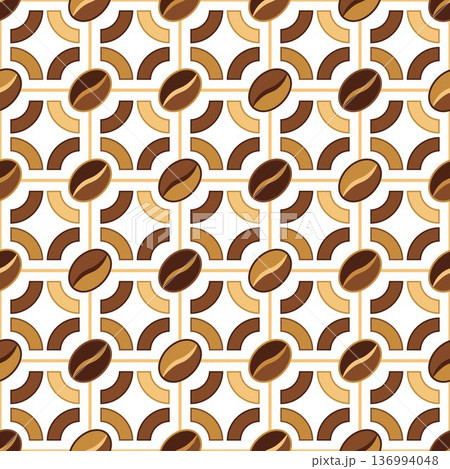 Seamless geometric pattern of coffee beans on square grid. Minimalist vector icons, abstract elements, flat design on transparent background. Suitable for food packaging, branding 136994048