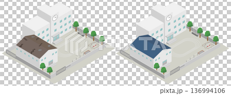 Before and after isometric illustration of repairing the roof of a dilapidated school gymnasium 136994106