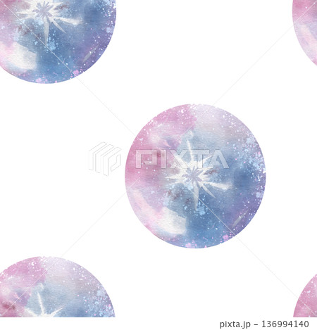 Seamless watercolor pattern with illustration of cosmic glass ball with lightning. Crystal sphere with pink and blue shades, white background. For mystical textiles, packaging, astrological decor 136994140