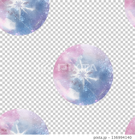 Seamless watercolor pattern with illustration of cosmic glass ball with lightning. Crystal sphere with pink and blue shades, white background. For mystical textiles, packaging, astrological decor 136994140