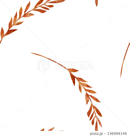 Seamless pattern with watercolor dry golden yellow twigs and leaves. Natural autumn motif on white background, hand-drawn. For fabric design, packaging for eco-products, bakery, interior decor 136994149
